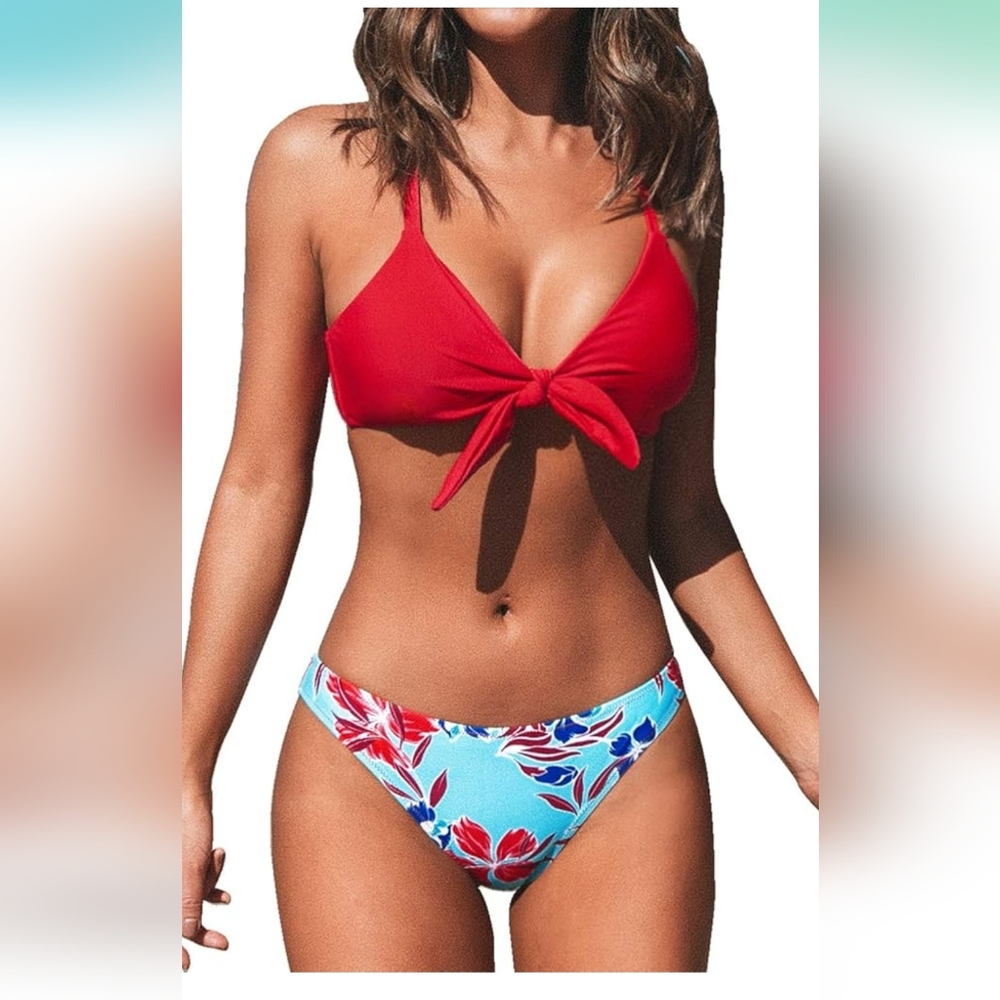 BNWT CUPSHE Women's Two Piece Bikini Set Floral Print Knot Bunny Tie SMALL